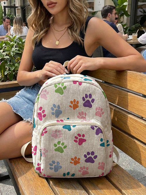 1 Piece Backpack, Women Mini Backpack, Corduroy Girl School Bag, Travel Storage Bag, Paw Print Design, Large‑Capacity Foldable Easy‑To‑Store Bag, Lightweight & Pressure‑Relieving, Multi‑Pocket Layered