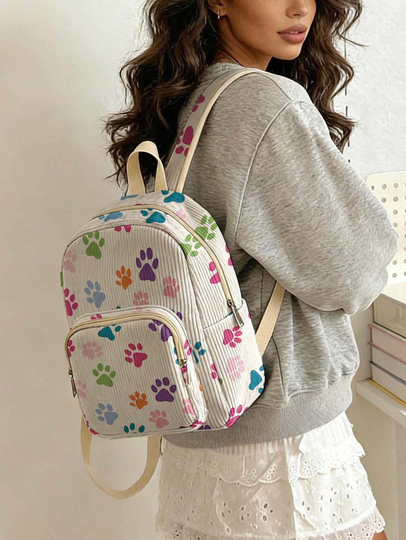 1 Piece Backpack, Women Mini Backpack, Corduroy Girl School Bag, Travel Storage Bag, Paw Print Design, Large‑Capacity Foldable Easy‑To‑Store Bag, Lightweight & Pressure‑Relieving, Multi‑Pocket Layered