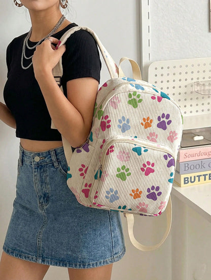 1 Piece Backpack, Women Mini Backpack, Corduroy Girl School Bag, Travel Storage Bag, Paw Print Design, Large‑Capacity Foldable Easy‑To‑Store Bag, Lightweight & Pressure‑Relieving, Multi‑Pocket Layered