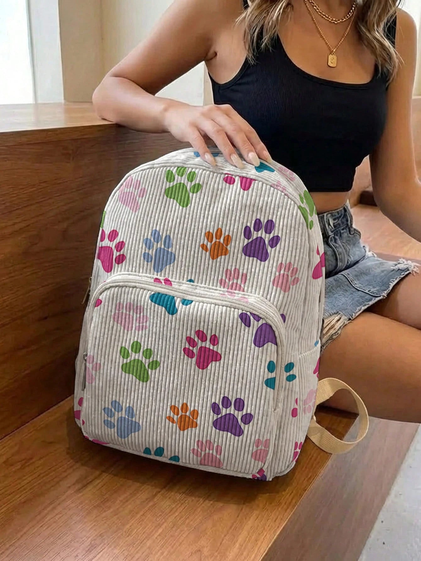 1 Piece Backpack, Women Mini Backpack, Corduroy Girl School Bag, Travel Storage Bag, Paw Print Design, Large‑Capacity Foldable Easy‑To‑Store Bag, Lightweight & Pressure‑Relieving, Multi‑Pocket Layered