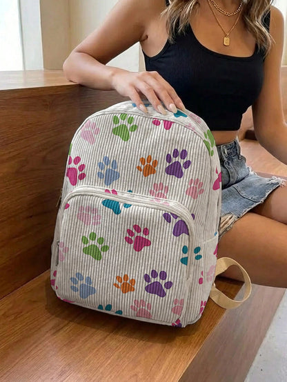 1 Piece Backpack, Women Mini Backpack, Corduroy Girl School Bag, Travel Storage Bag, Paw Print Design, Large‑Capacity Foldable Easy‑To‑Store Bag, Lightweight & Pressure‑Relieving, Multi‑Pocket Layered