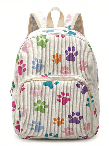 1 Piece Backpack, Women Mini Backpack, Corduroy Girl School Bag, Travel Storage Bag, Paw Print Design, Large‑Capacity Foldable Easy‑To‑Store Bag, Lightweight & Pressure‑Relieving, Multi‑Pocket Layered