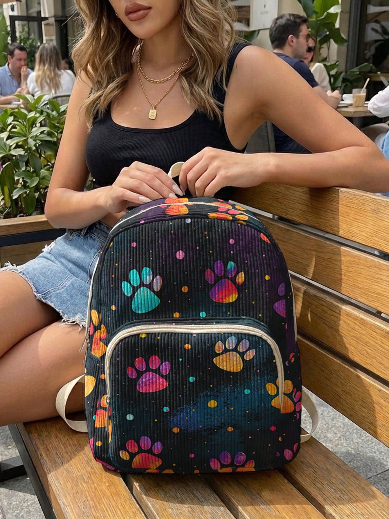 1 Piece Backpack, Women Mini Backpack, Corduroy Girl School Bag, Travel Storage Bag, Paw Print Design, Large‑Capacity Foldable Easy‑To‑Store Bag, Lightweight & Pressure‑Relieving, Multi‑Pocket Layered