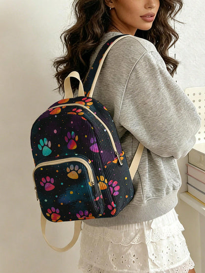 1 Piece Backpack, Women Mini Backpack, Corduroy Girl School Bag, Travel Storage Bag, Paw Print Design, Large‑Capacity Foldable Easy‑To‑Store Bag, Lightweight & Pressure‑Relieving, Multi‑Pocket Layered