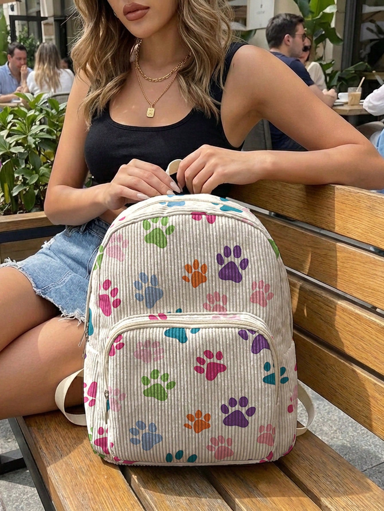 1 Piece Backpack, Women Mini Backpack, Corduroy Girl School Bag, Travel Storage Bag, Paw Print Design, Large‑Capacity Foldable Easy‑To‑Store Bag, Lightweight & Pressure‑Relieving, Multi‑Pocket Layered