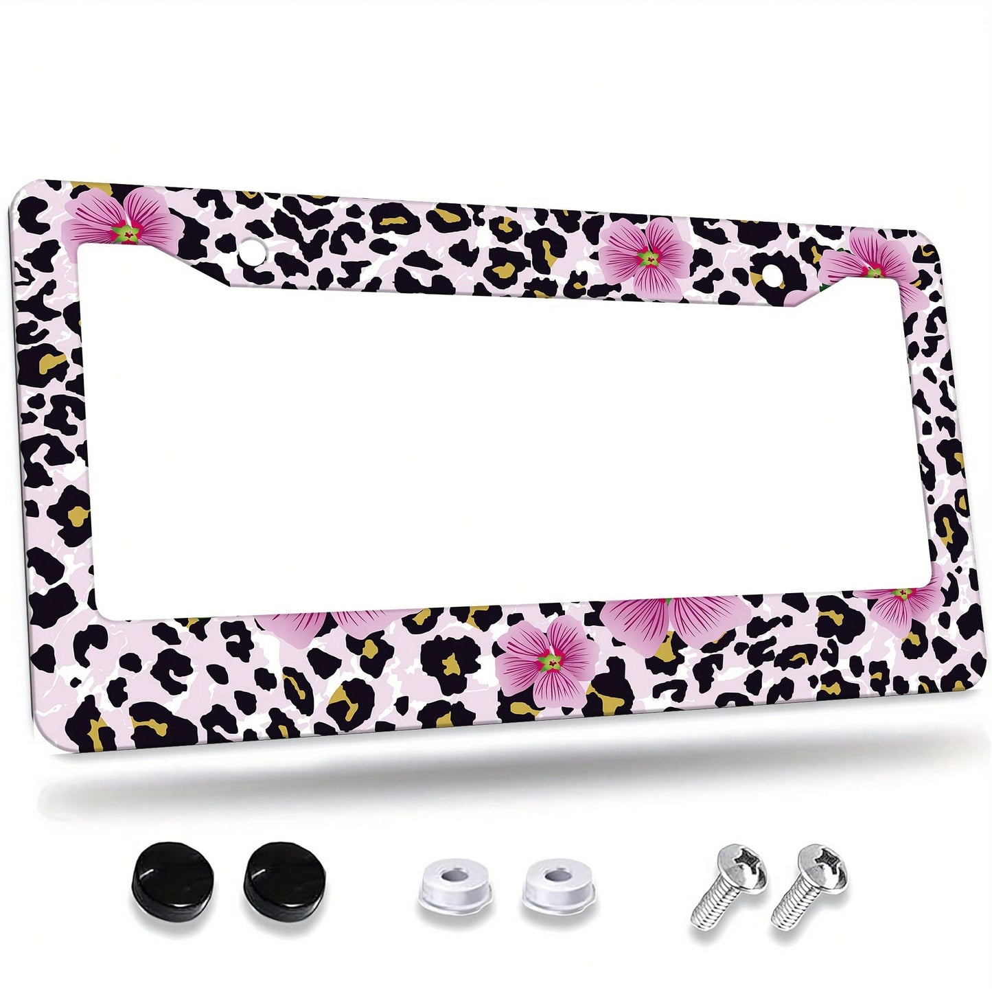 1 Piece Of Pink Floral And Leopard Print License Plate Frame, Vehicle Decorative License Plate Cover, Aluminum License Plate Bracket, Rust-Proof, Shockproof, And Rainproof, Suitable For American Stand