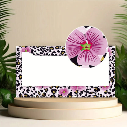 1 Piece Of Pink Floral And Leopard Print License Plate Frame, Vehicle Decorative License Plate Cover, Aluminum License Plate Bracket, Rust-Proof, Shockproof, And Rainproof, Suitable For American Stand
