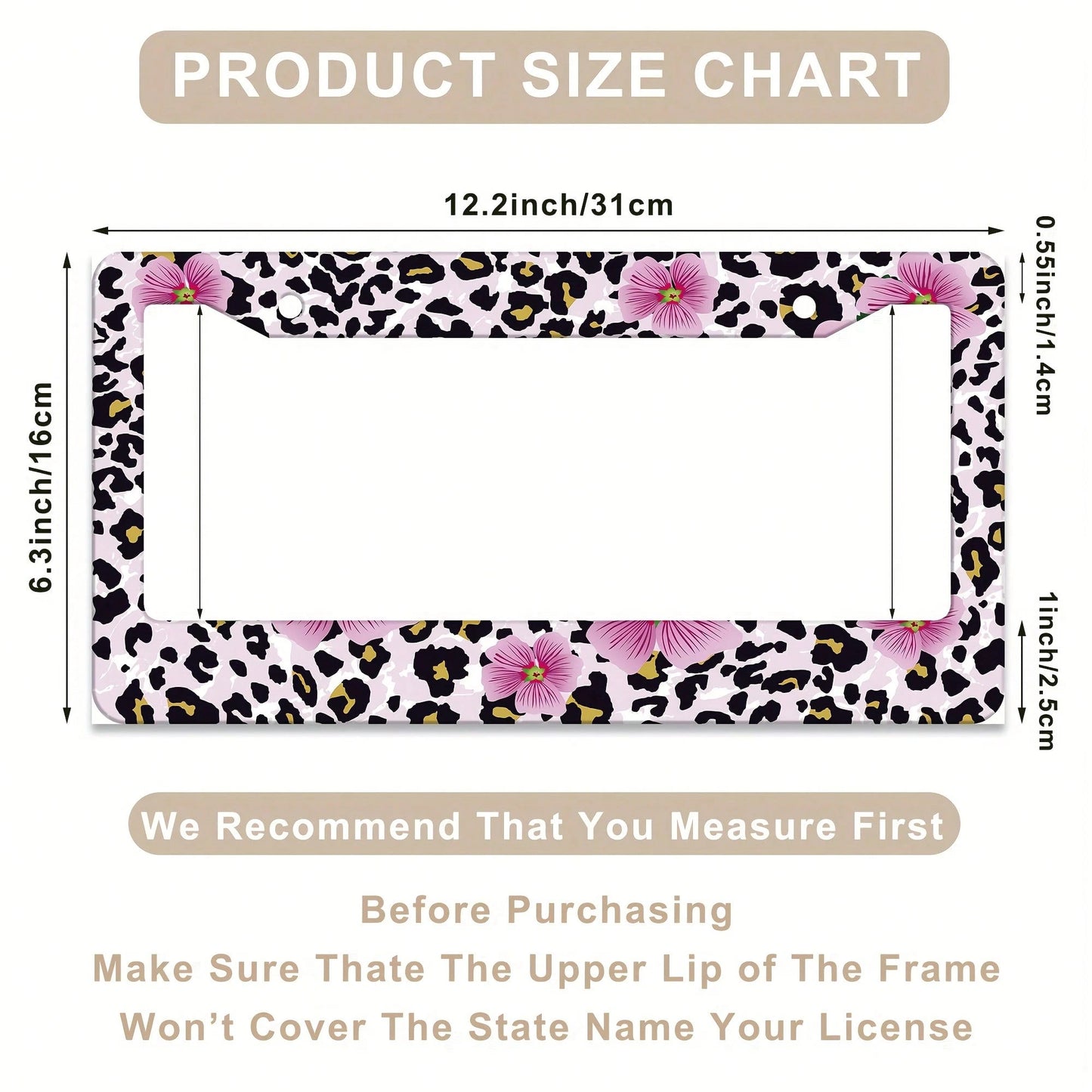 1 Piece Of Pink Floral And Leopard Print License Plate Frame, Vehicle Decorative License Plate Cover, Aluminum License Plate Bracket, Rust-Proof, Shockproof, And Rainproof, Suitable For American Stand