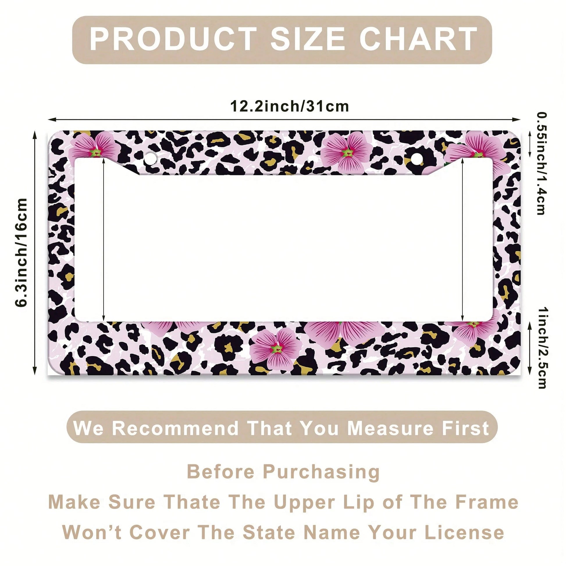 1 Piece Of Pink Floral And Leopard Print License Plate Frame, Vehicle Decorative License Plate Cover, Aluminum License Plate Bracket, Rust-Proof, Shockproof, And Rainproof, Suitable For American Stand