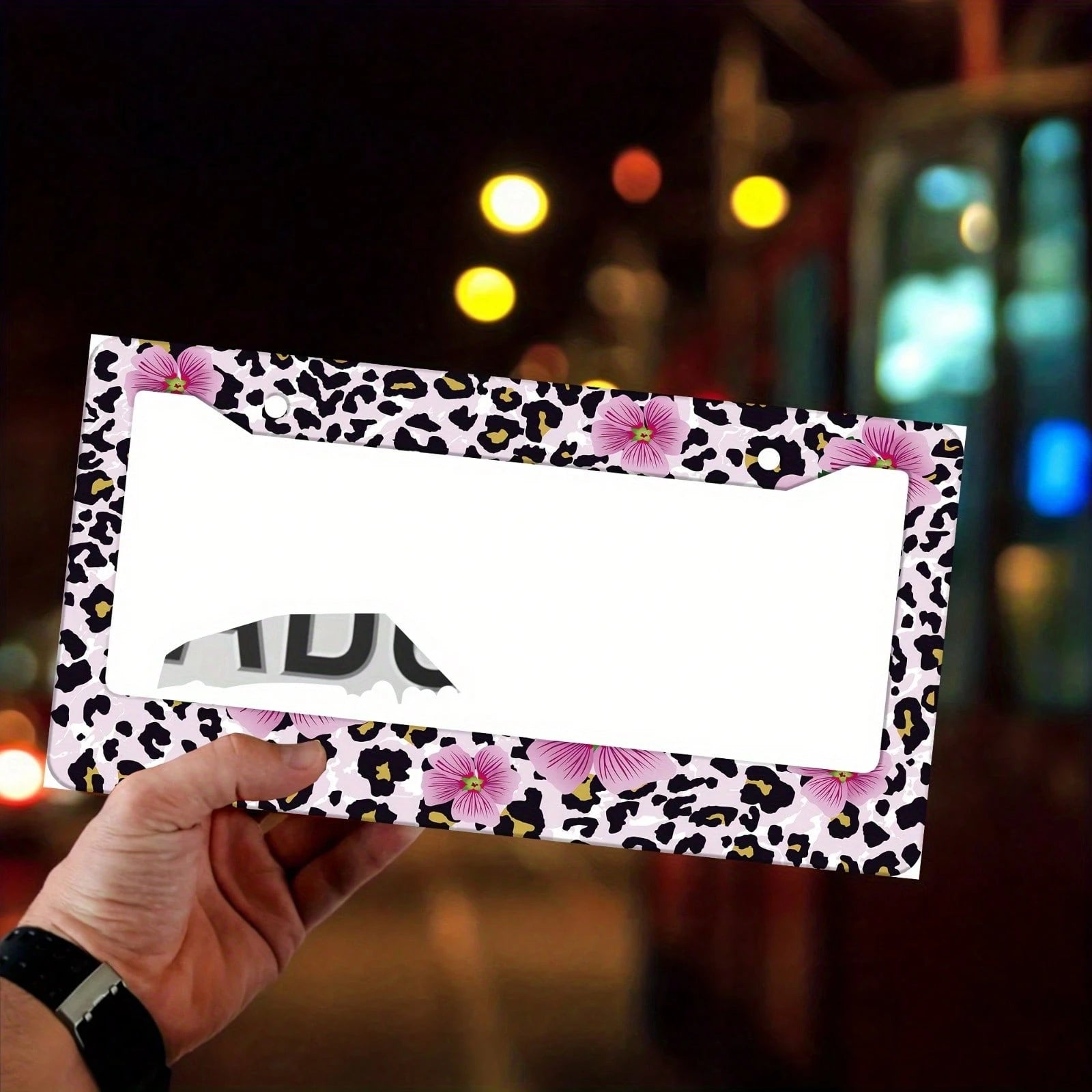 1 Piece Of Pink Floral And Leopard Print License Plate Frame, Vehicle Decorative License Plate Cover, Aluminum License Plate Bracket, Rust-Proof, Shockproof, And Rainproof, Suitable For American Stand