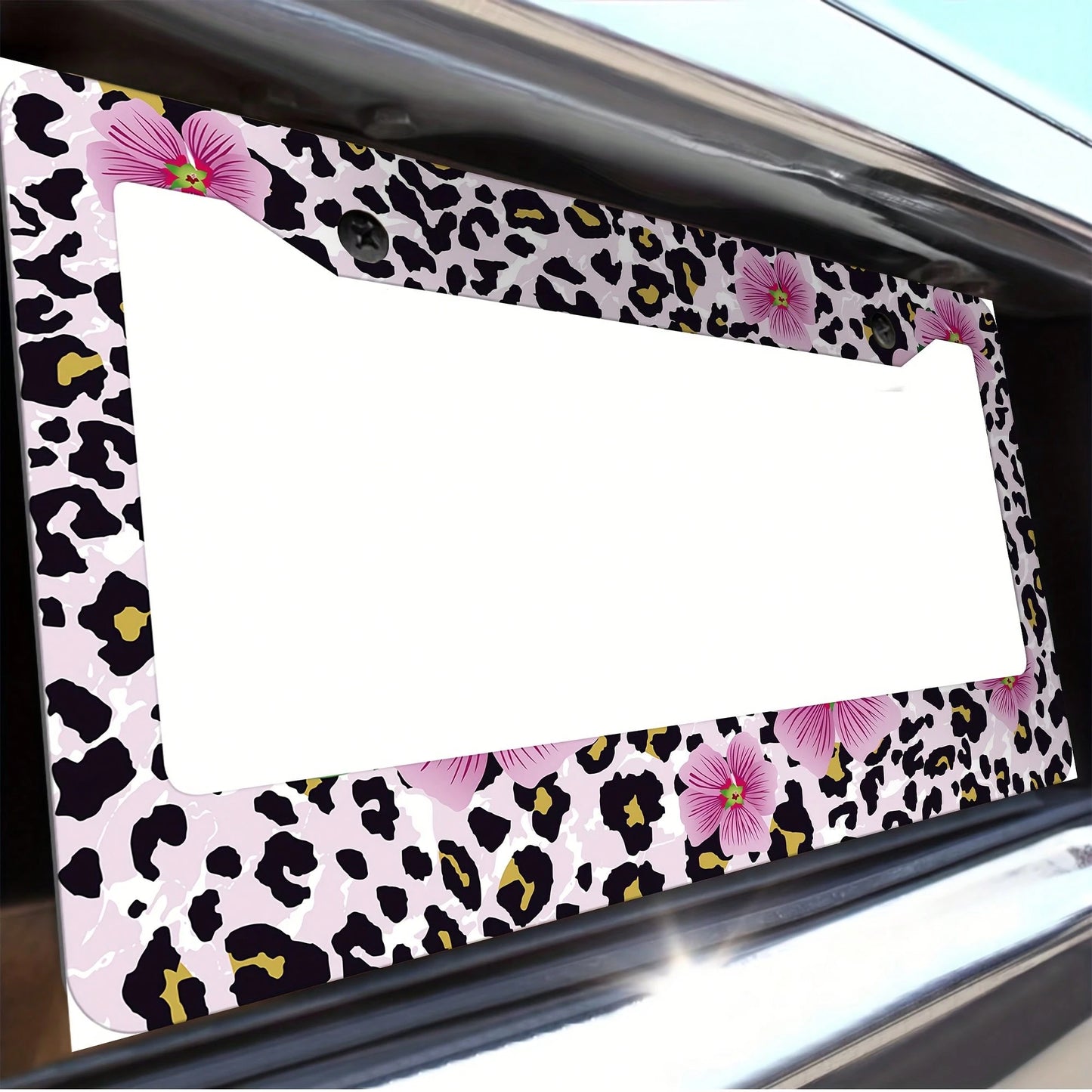 1 Piece Of Pink Floral And Leopard Print License Plate Frame, Vehicle Decorative License Plate Cover, Aluminum License Plate Bracket, Rust-Proof, Shockproof, And Rainproof, Suitable For American Stand