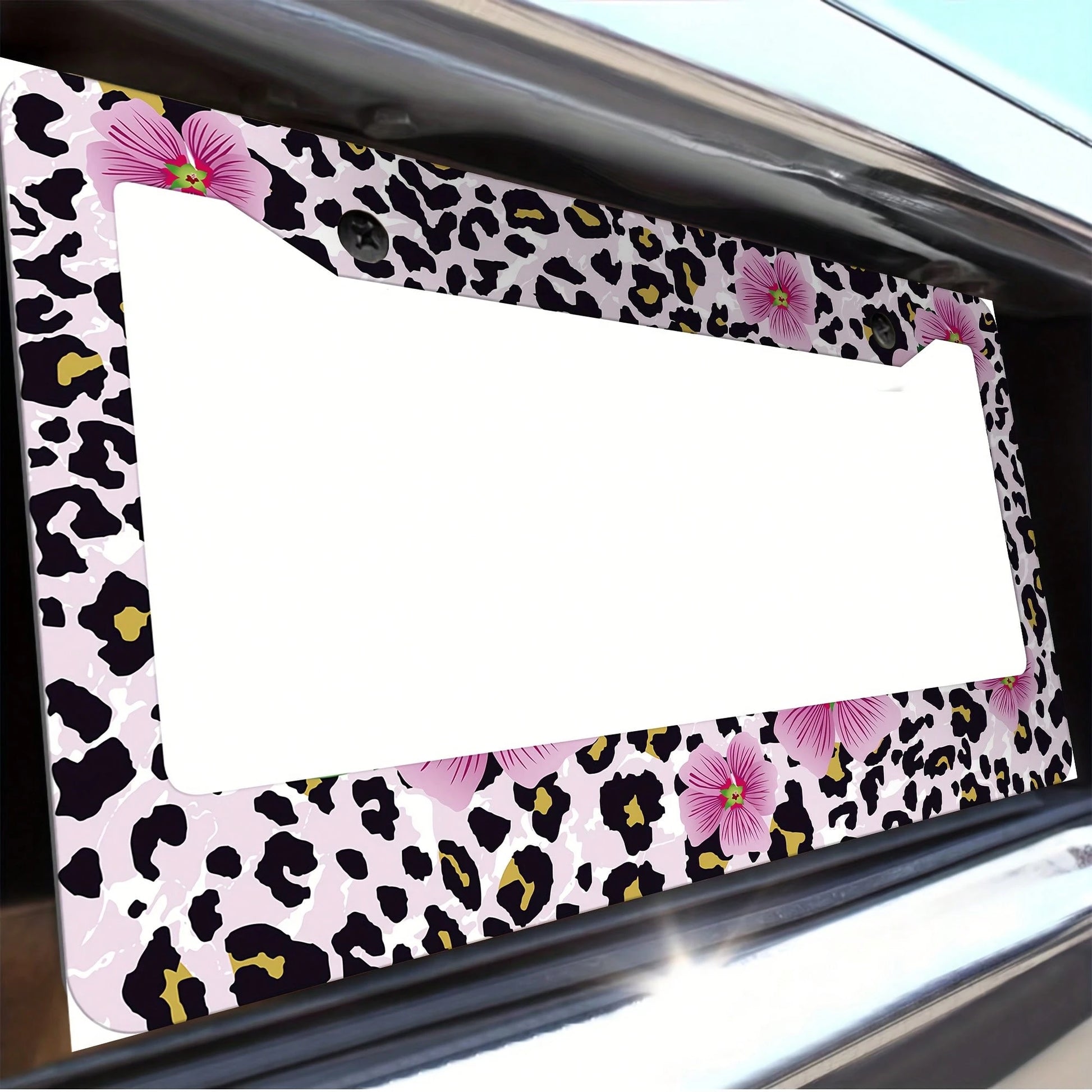 1 Piece Of Pink Floral And Leopard Print License Plate Frame, Vehicle Decorative License Plate Cover, Aluminum License Plate Bracket, Rust-Proof, Shockproof, And Rainproof, Suitable For American Stand