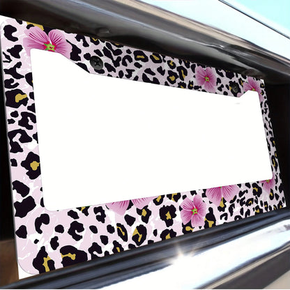 1 Piece Of Pink Floral And Leopard Print License Plate Frame, Vehicle Decorative License Plate Cover, Aluminum License Plate Bracket, Rust-Proof, Shockproof, And Rainproof, Suitable For American Stand