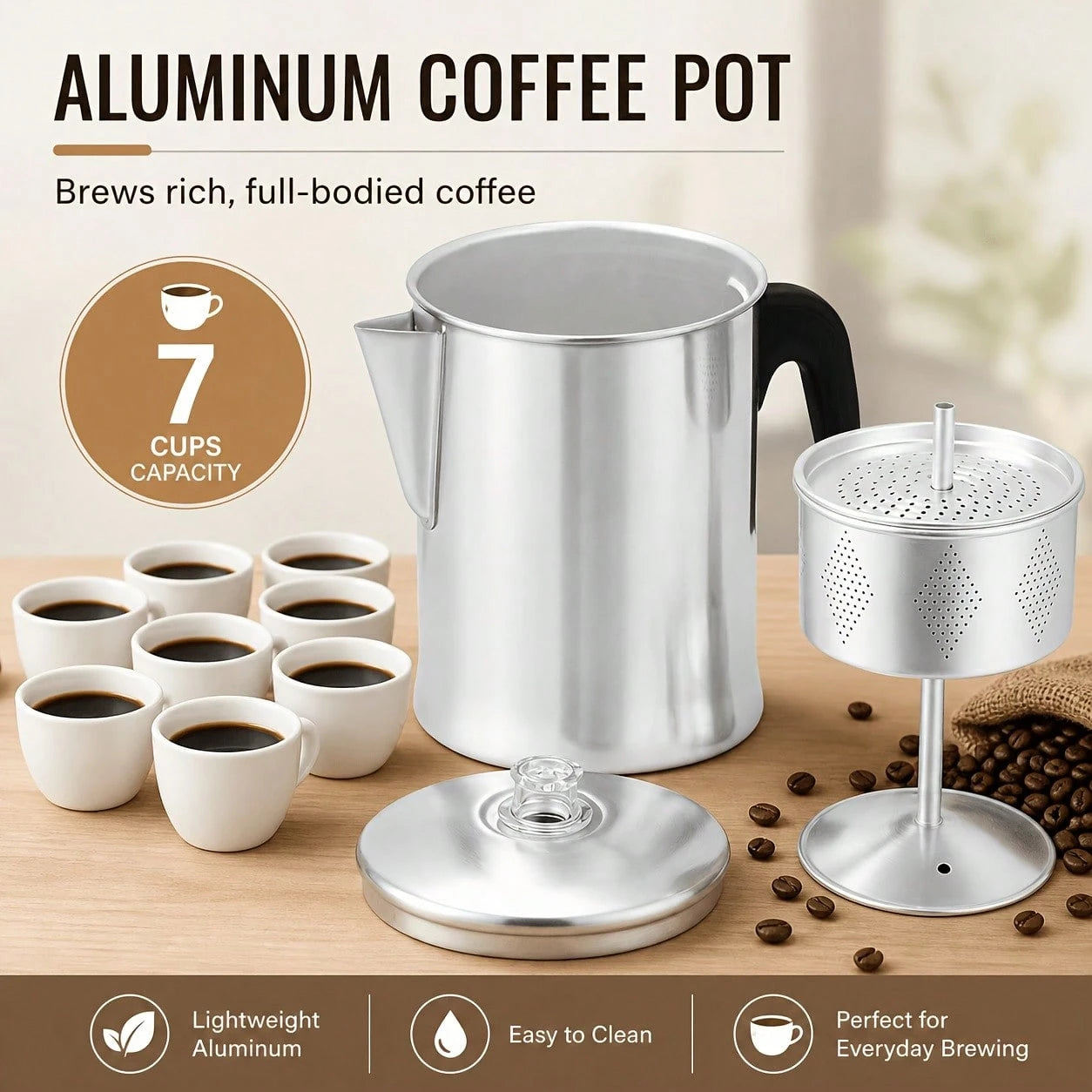 1 Piece, Percolator Coffee Pot, Coffee Percolator Pot, Durable Aluminum Material,-Cup Camping Coffee Pot Brewing Coffee Over A Fire, Grill, Or Stove, Home And Camping