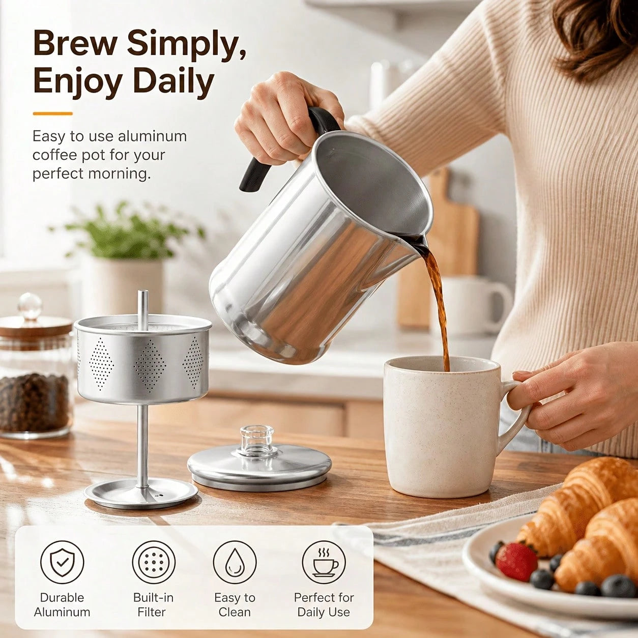 1 Piece, Percolator Coffee Pot, Coffee Percolator Pot, Durable Aluminum Material,-Cup Camping Coffee Pot Brewing Coffee Over A Fire, Grill, Or Stove, Home And Camping