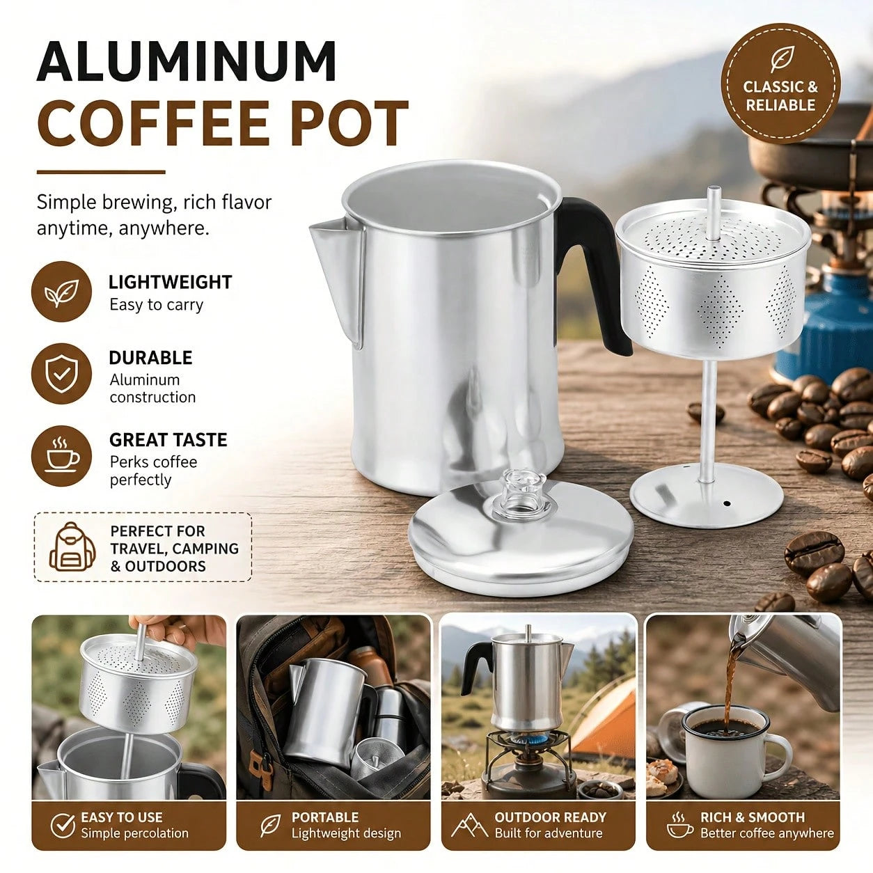 1 Piece, Percolator Coffee Pot, Coffee Percolator Pot, Durable Aluminum Material,-Cup Camping Coffee Pot Brewing Coffee Over A Fire, Grill, Or Stove, Home And Camping
