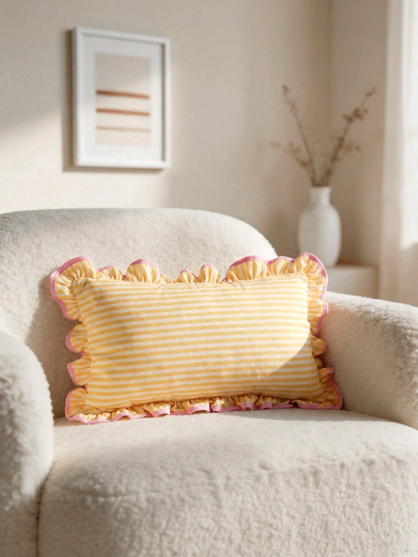 1 Piece, Pink Striped Pillow Cover, Ruffle Trim, Contrasting Colors, College Style, Pastoral Style Waist Pillowcase, Sofa Dormitory Room Decoration
