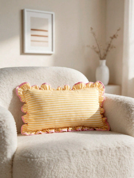 1 Piece, Pink Striped Pillow Cover, Ruffle Trim, Contrasting Colors, College Style, Pastoral Style Waist Pillowcase, Sofa Dormitory Room Decoration