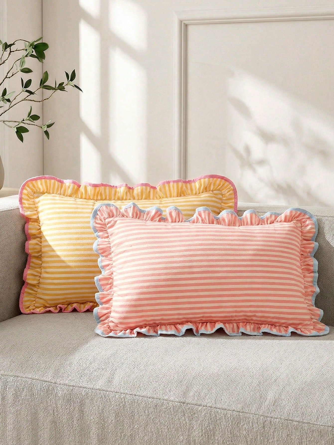 1 Piece, Pink Striped Pillow Cover, Ruffle Trim, Contrasting Colors, College Style, Pastoral Style Waist Pillowcase, Sofa Dormitory Room Decoration