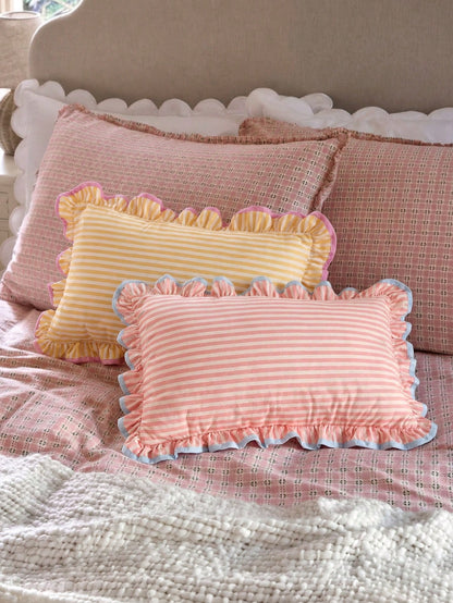1 Piece, Pink Striped Pillow Cover, Ruffle Trim, Contrasting Colors, College Style, Pastoral Style Waist Pillowcase, Sofa Dormitory Room Decoration