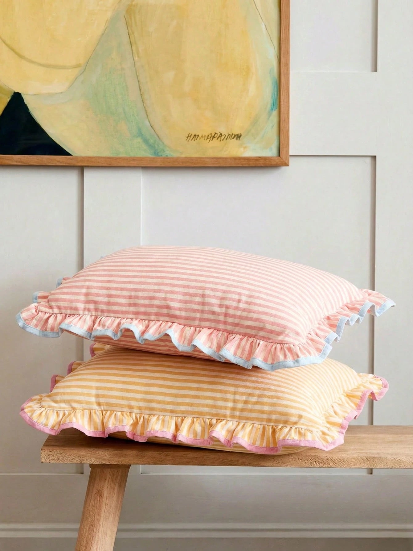 1 Piece, Pink Striped Pillow Cover, Ruffle Trim, Contrasting Colors, College Style, Pastoral Style Waist Pillowcase, Sofa Dormitory Room Decoration