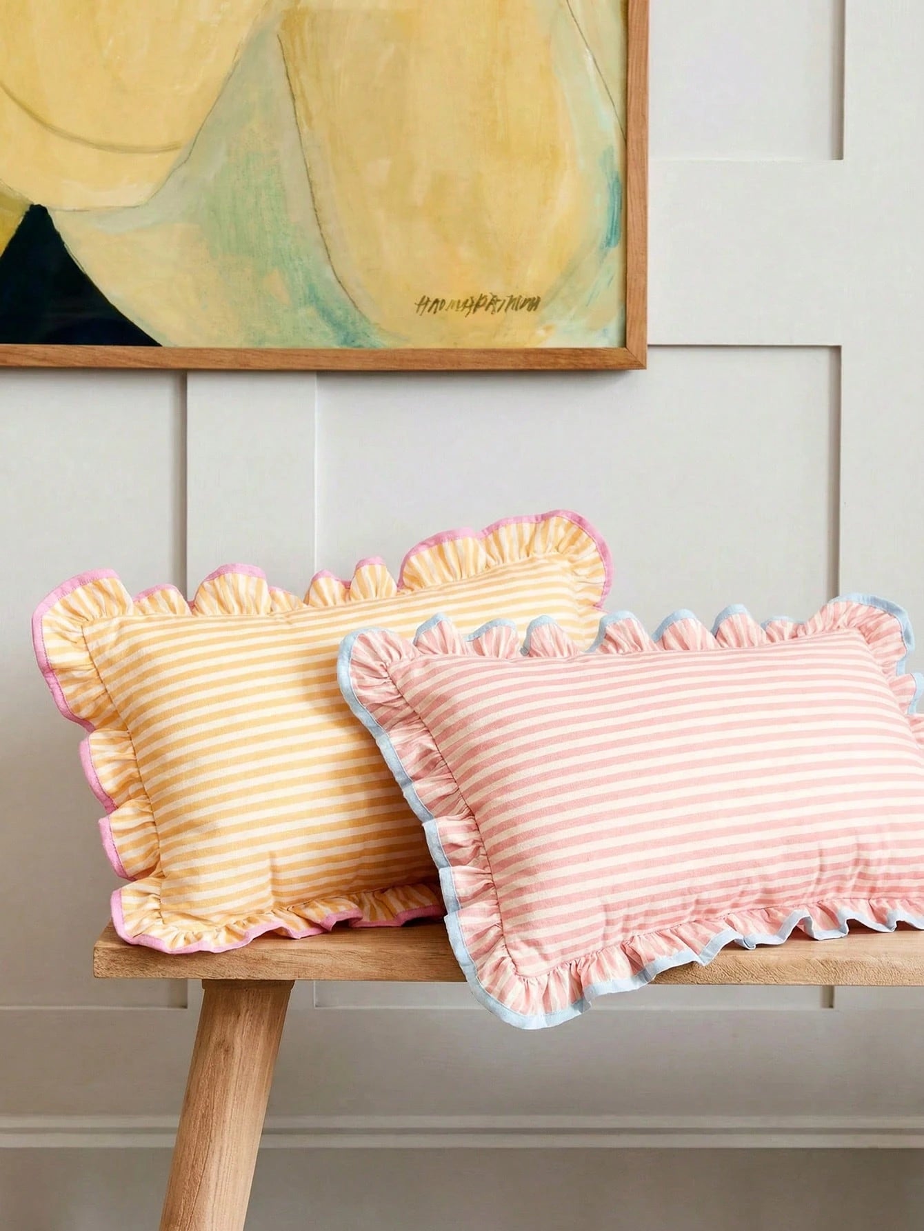 1 Piece, Pink Striped Pillow Cover, Ruffle Trim, Contrasting Colors, College Style, Pastoral Style Waist Pillowcase, Sofa Dormitory Room Decoration