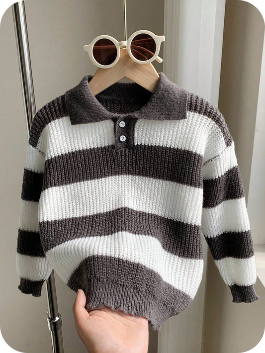 1 Piece Young Boy Casual College Comfortable Fashion Simple Practical All-Match Soft Comfortable Loose Striped Polo Sweater Suitable For Birthday Parties, Parties, Shows Suitable For School Back