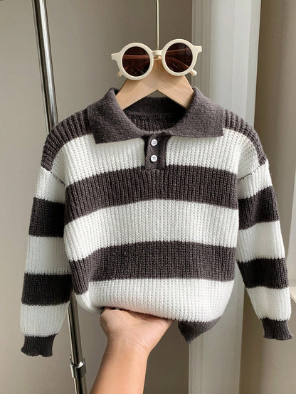 1 Piece Young Boy Casual College Comfortable Fashion Simple Practical All-Match Soft Comfortable Loose Striped Polo Sweater Suitable For Birthday Parties, Parties, Shows Suitable For School Back