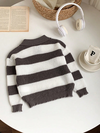 1 Piece Young Boy Casual College Comfortable Fashion Simple Practical All-Match Soft Comfortable Loose Striped Polo Sweater Suitable For Birthday Parties, Parties, Shows Suitable For School Back
