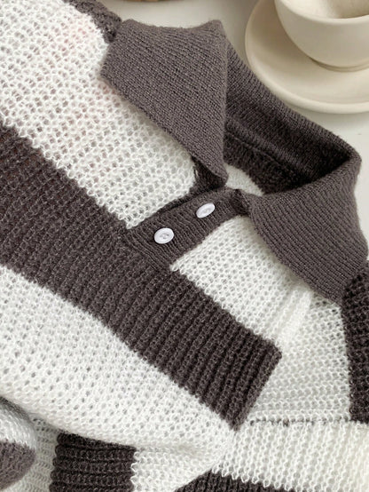 1 Piece Young Boy Casual College Comfortable Fashion Simple Practical All-Match Soft Comfortable Loose Striped Polo Sweater Suitable For Birthday Parties, Parties, Shows Suitable For School Back