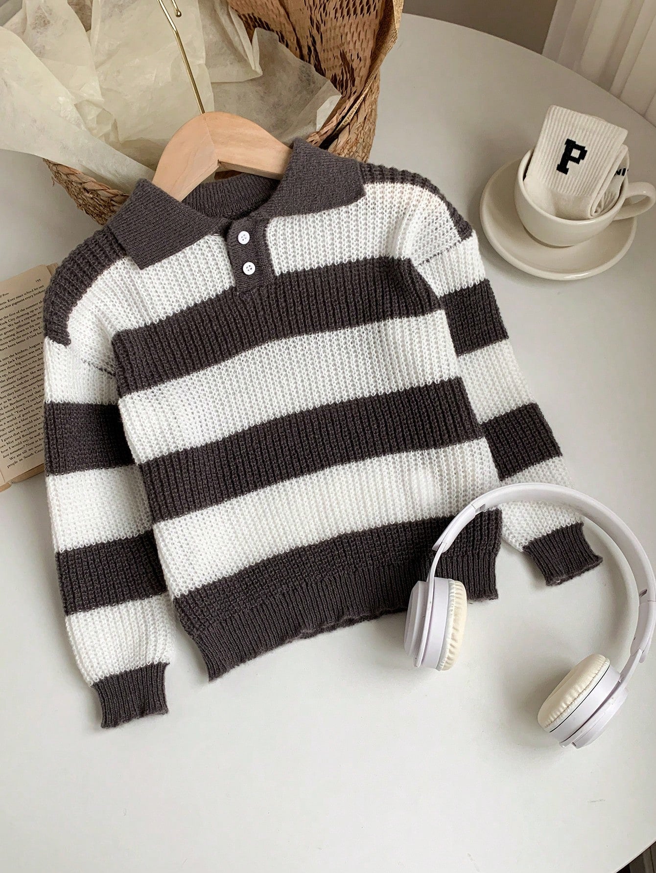 1 Piece Young Boy Casual College Comfortable Fashion Simple Practical All-Match Soft Comfortable Loose Striped Polo Sweater Suitable For Birthday Parties, Parties, Shows Suitable For School Back