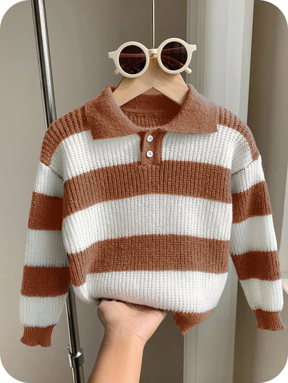 1 Piece Young Boy Casual College Comfortable Fashion Simple Practical All-Match Soft Comfortable Loose Striped Polo Sweater Suitable For Birthday Parties, Parties, Shows Suitable For School Back