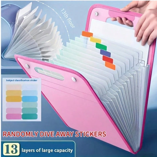 1 Portable Expanding File Folder Organizer- 13 Layers Large Capacity A4 File Storage Bag, Durable PP Plastic With Ergonomic Handle, Sky Blue & Pink Suitable For Office, Home Organization, Desktop Fil