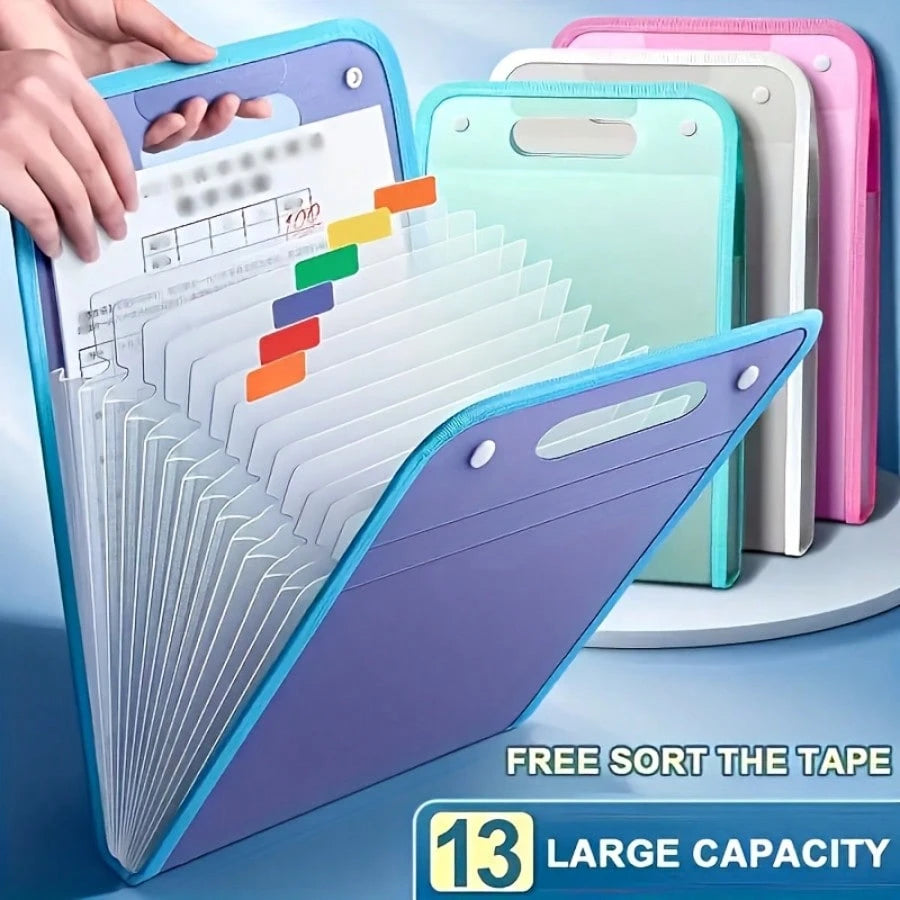 1 Portable Expanding File Folder Organizer- 13 Layers Large Capacity A4 File Storage Bag, Durable PP Plastic With Ergonomic Handle, Sky Blue & Pink Suitable For Office, Home Organization, Desktop Fil