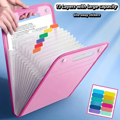 1 Portable Expanding File Folder Organizer- 13 Layers Large Capacity A4 File Storage Bag, Durable PP Plastic With Ergonomic Handle, Sky Blue & Pink Suitable For Office, Home Organization, Desktop Fil
