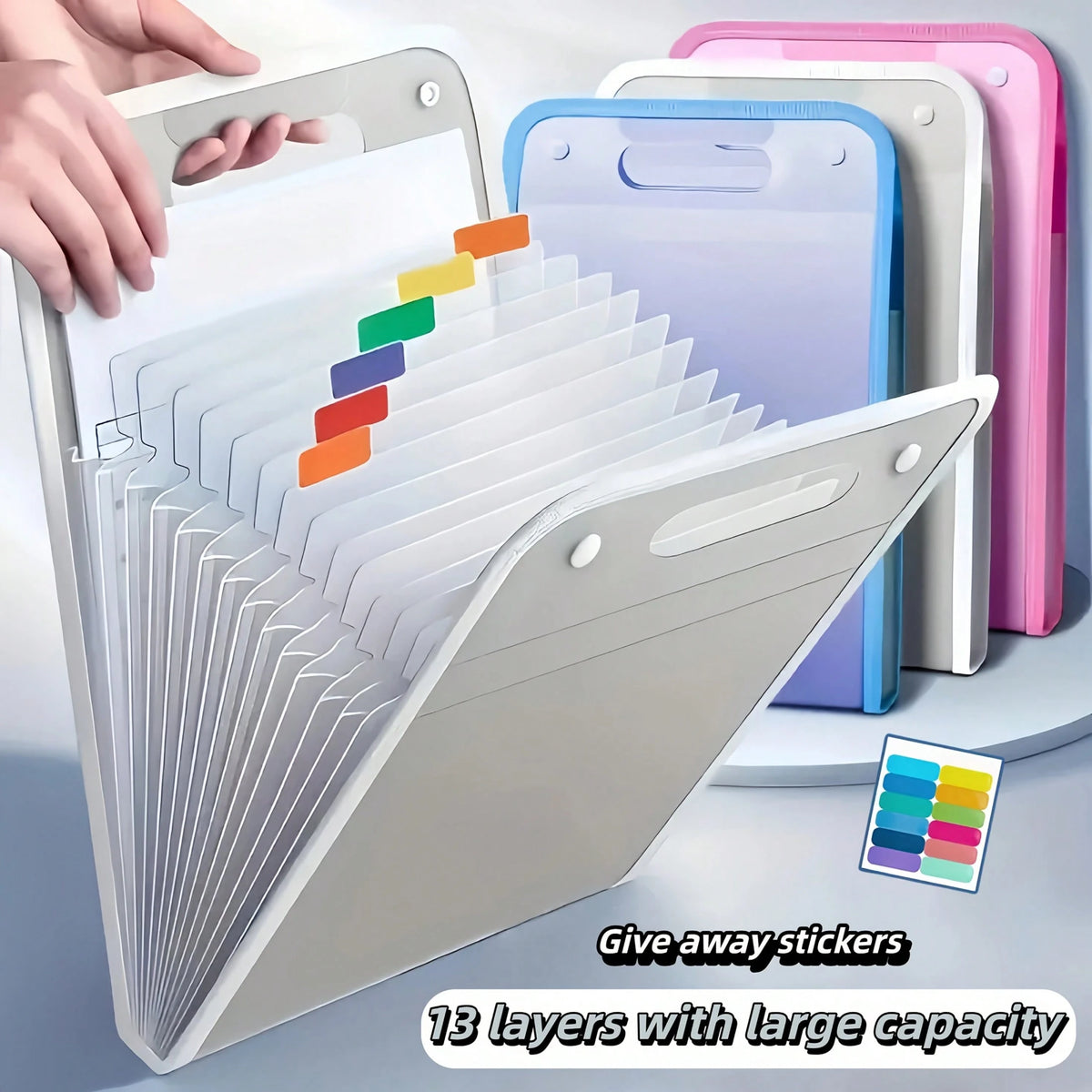 1 Portable Expanding File Folder Organizer- 13 Layers Large Capacity A4 File Storage Bag, Durable PP Plastic With Ergonomic Handle, Sky Blue & Pink Suitable For Office, Home Organization, Desktop Fil