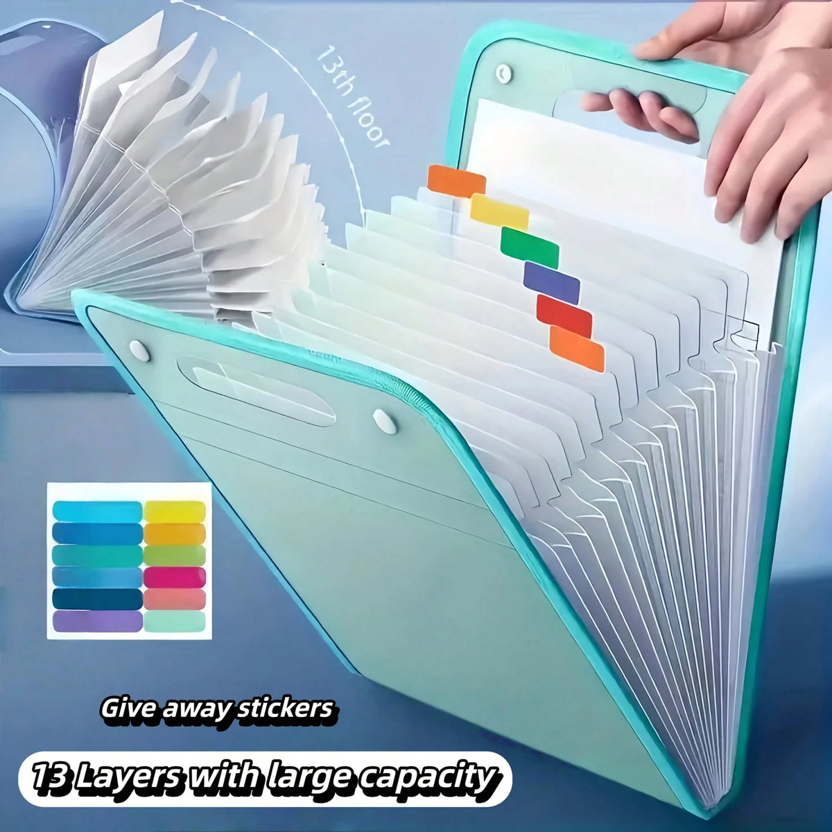 1 Portable Expanding File Folder Organizer- 13 Layers Large Capacity A4 File Storage Bag, Durable PP Plastic With Ergonomic Handle, Sky Blue & Pink Suitable For Office, Home Organization, Desktop Fil