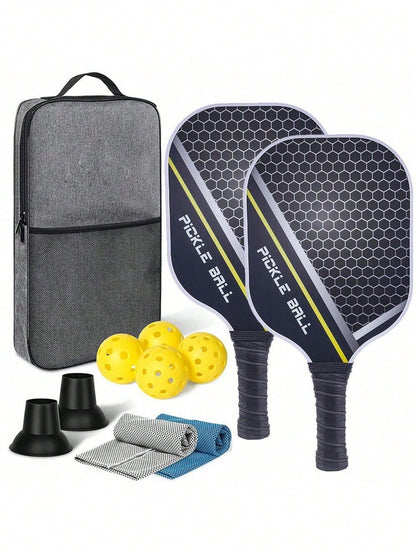 1 Set: 2 Carbon Fiber Paddles, 4 Balls, 2 Towels, 1 Carry Bag, Carbon Fiber USAPA Approved Graphite Pickleball Paddle Set With PU Grip