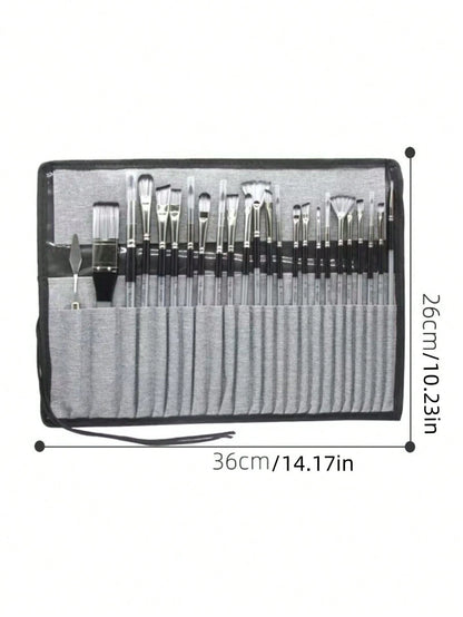 1 Set 24pcs Nylon Paint Brushes In Gray Cloth Bag, Multi-Function For Watercolor Acrylic Oil Painting School Supplies, Back To School