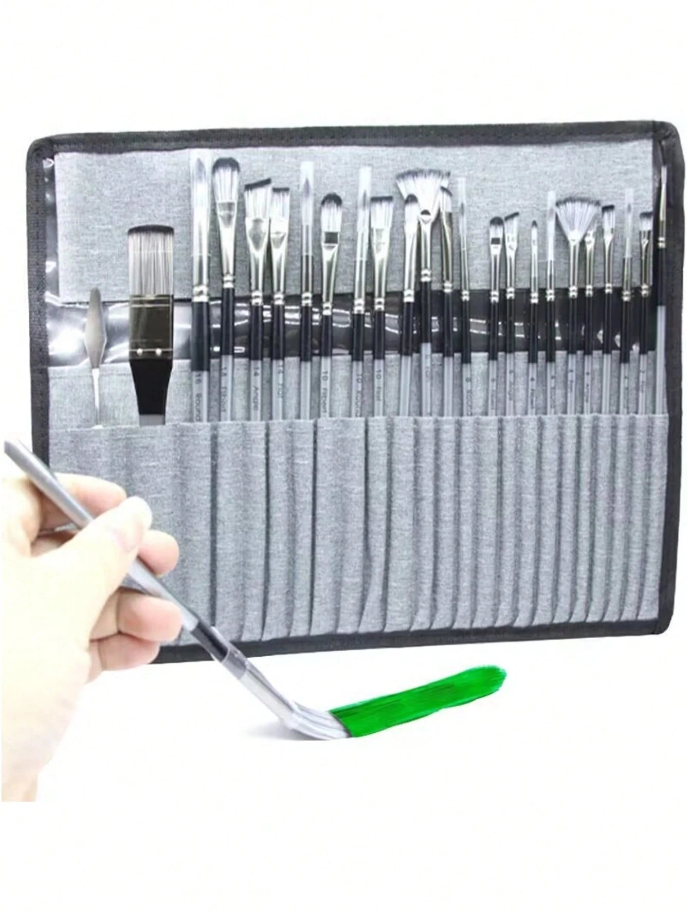 1 Set 24pcs Nylon Paint Brushes In Gray Cloth Bag, Multi-Function For Watercolor Acrylic Oil Painting School Supplies, Back To School