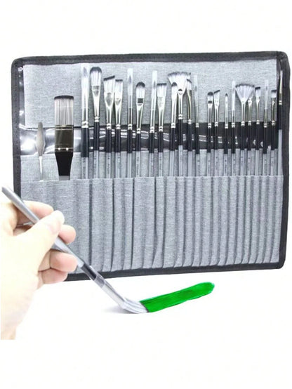 1 Set 24pcs Nylon Paint Brushes In Gray Cloth Bag, Multi-Function For Watercolor Acrylic Oil Painting School Supplies, Back To School