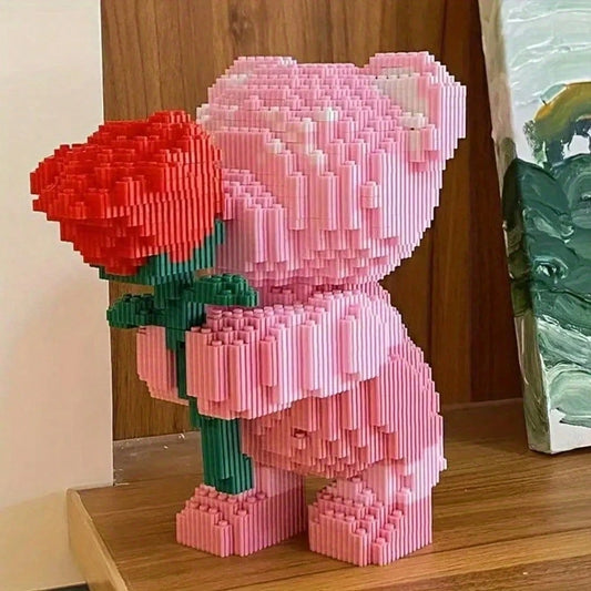 1 Set 800pcs Rose Bear Building Blocks, DIY Floral Bear Model Kit With Exquisite Details, Desktop Decoration Collectible Statue Suitable For Living Room Office Bookshelf, Halloween Christmas Birthday