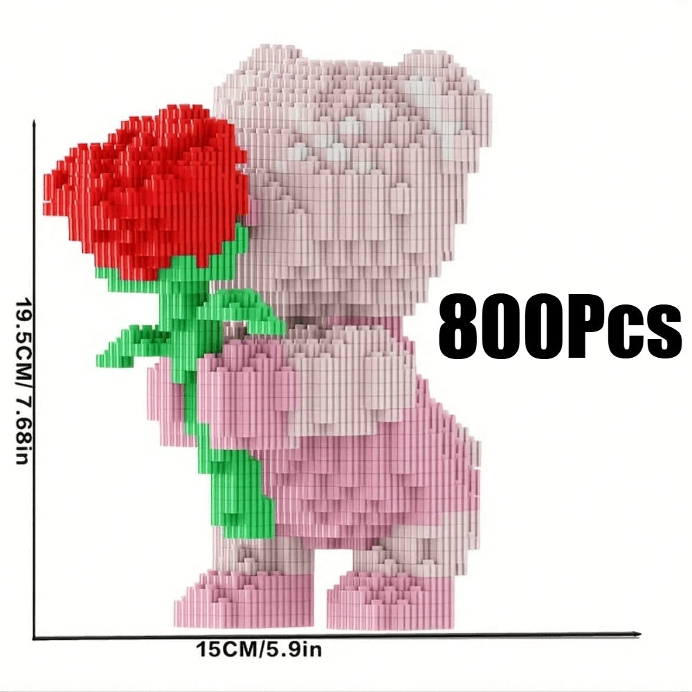 1 Set 800pcs Rose Bear Building Blocks, DIY Floral Bear Model Kit With Exquisite Details, Desktop Decoration Collectible Statue Suitable For Living Room Office Bookshelf, Halloween Christmas Birthday