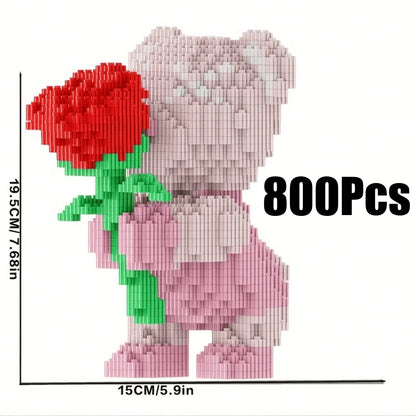 1 Set 800pcs Rose Bear Building Blocks, DIY Floral Bear Model Kit With Exquisite Details, Desktop Decoration Collectible Statue Suitable For Living Room Office Bookshelf, Halloween Christmas Birthday