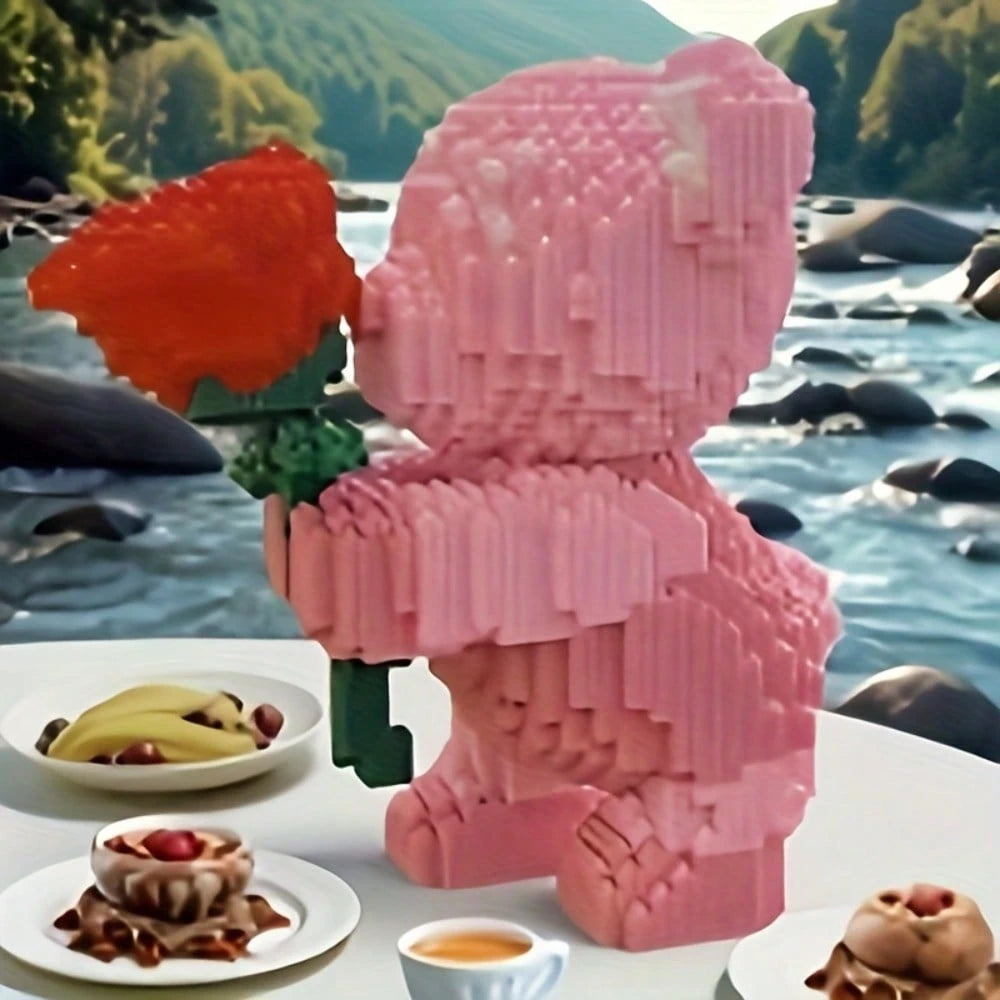 1 Set 800pcs Rose Bear Building Blocks, DIY Floral Bear Model Kit With Exquisite Details, Desktop Decoration Collectible Statue Suitable For Living Room Office Bookshelf, Halloween Christmas Birthday