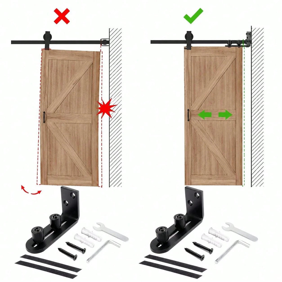 1 Set Adjustable Barn Door Floor Guide Rail With Dual Rollers, Embedded Wall-Mounted Fixed Roller Hardware, Suitable For Sliding Doors, No Damage To Floor