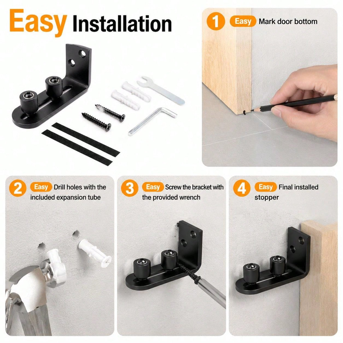1 Set Adjustable Barn Door Floor Guide Rail With Dual Rollers, Embedded Wall-Mounted Fixed Roller Hardware, Suitable For Sliding Doors, No Damage To Floor