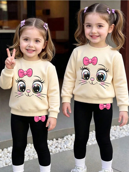 1 Set Baby Girl Sweet Cute Fashion Expression Element Pattern Print Crew Neck Sweatshirt With Matching Print Pattern Leggings Outfit, Suitable For Autumn/Winter Daily Wear