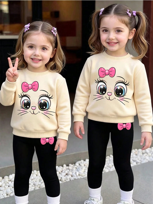 1 Set Baby Girl Sweet Cute Fashion Expression Element Pattern Print Crew Neck Sweatshirt With Matching Print Pattern Leggings Outfit, Suitable For Autumn/Winter Daily Wear