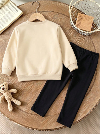 1 Set Baby Girl Sweet Cute Fashion Expression Element Pattern Print Crew Neck Sweatshirt With Matching Print Pattern Leggings Outfit, Suitable For Autumn/Winter Daily Wear